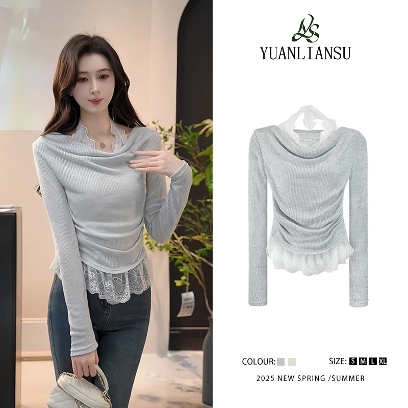 YUANLIANSU/圆脸酥【蝶月之花】法式设计感蕾丝拼接荡领长袖针织衫