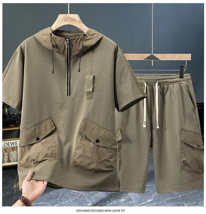 大码运动休闲短袖工装男士青年帅气潮牌时尚透气速干两件套装宽松