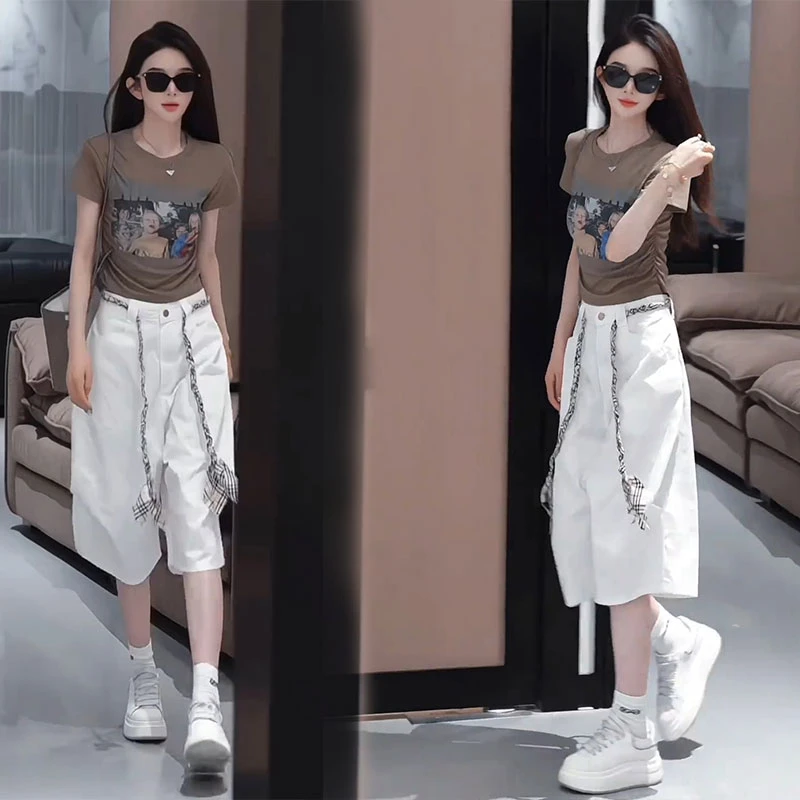 夏日斜肩撞色时尚字母短袖T恤高腰百搭短裤小众减龄两件套装