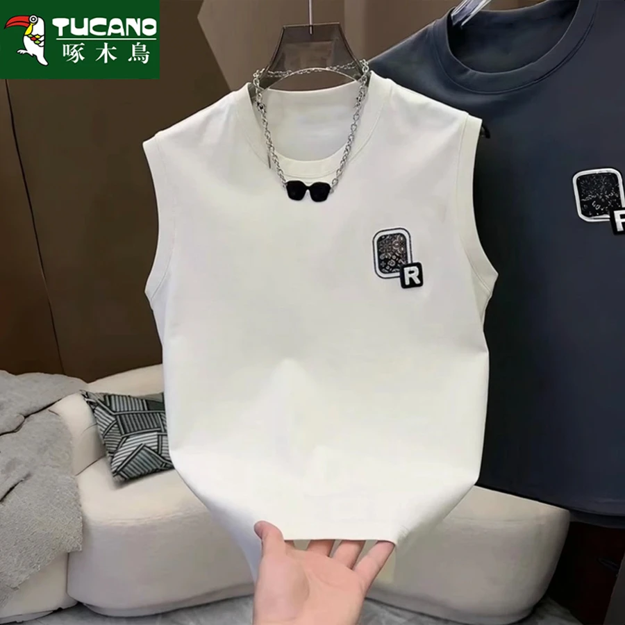 啄木鸟纯棉男士无袖t恤男女潮流宽松圆领百搭印花韩版全棉无袖ins