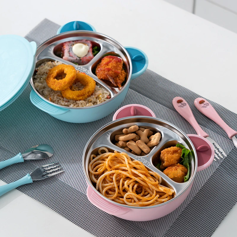 儿童餐盘不锈钢分格吸盘式宝宝注水保温碗辅食碗餐具小孩吃饭专用