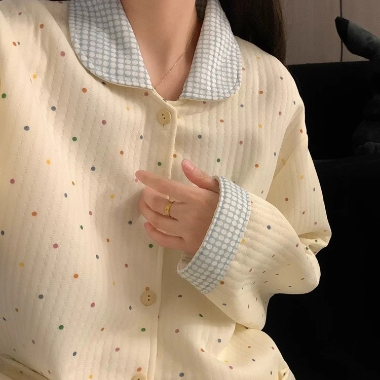 2025秋冬季新款波点睡衣女保暖空气甜美加厚宽松夹棉套装家居服