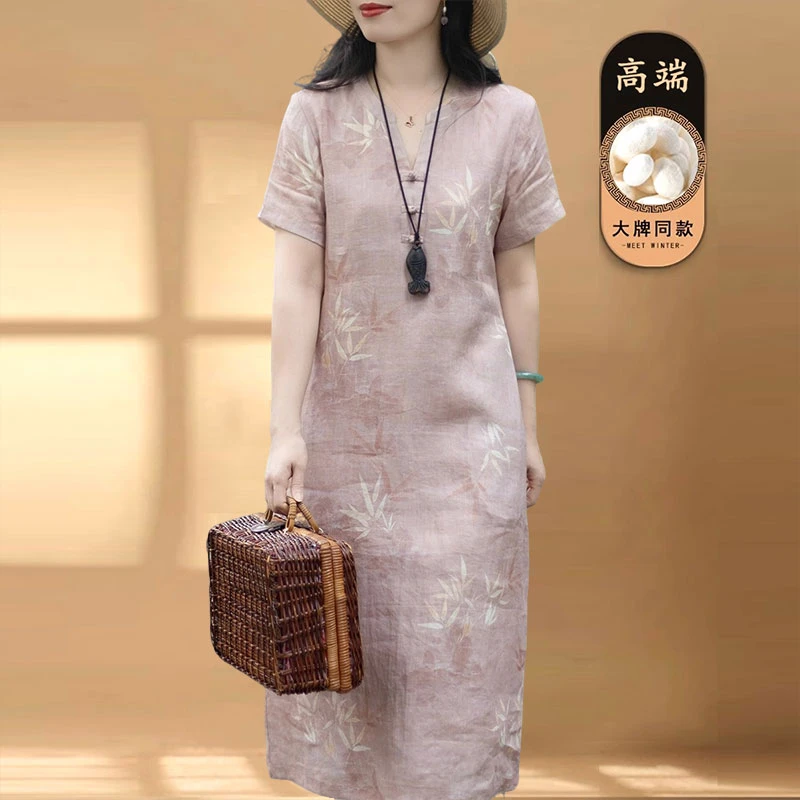 新中式盘扣印花改良旗袍裙女夏日常通勤年轻款亚麻V领大码连衣裙