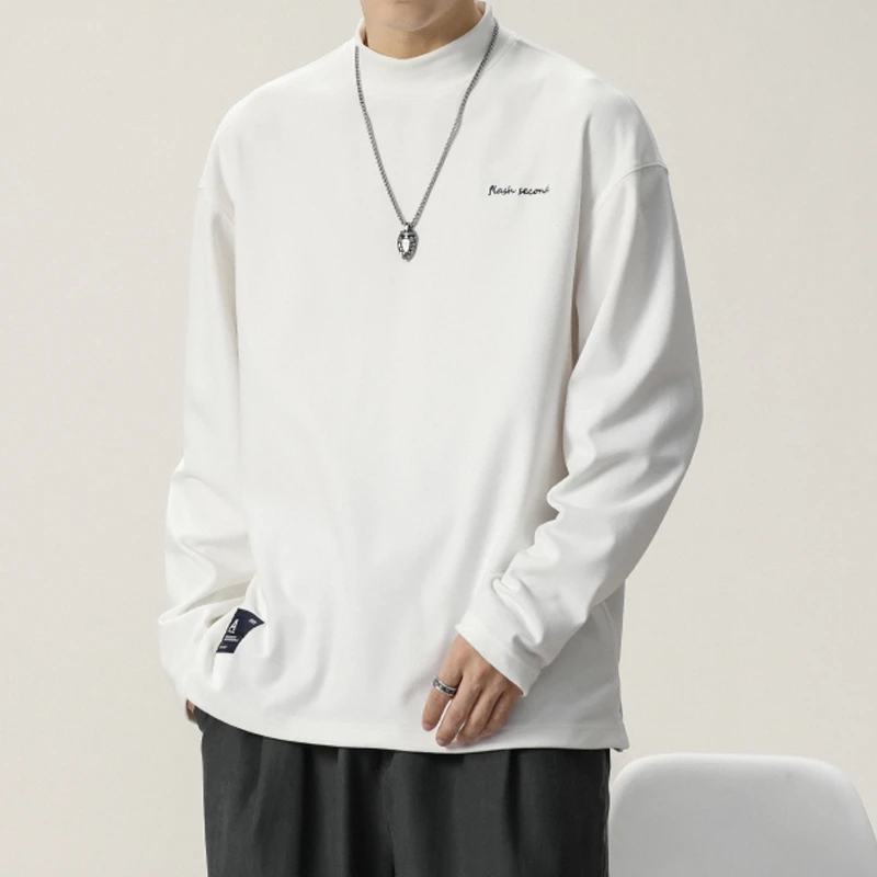 大白鲨2025春季新款半高领内搭青少年长袖t恤白色保暖男士打底衫