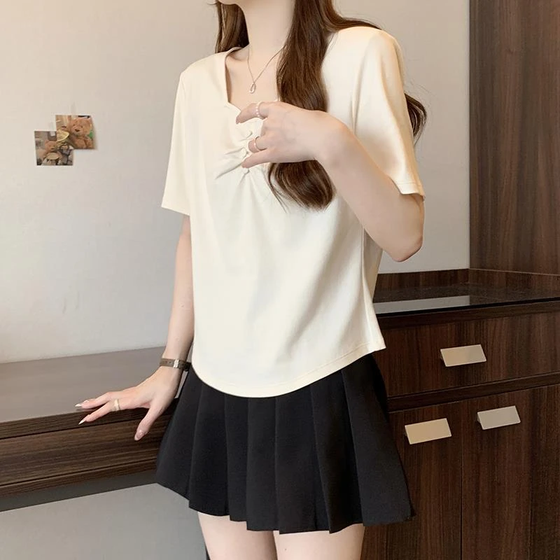 大码正肩方领下摆弧形短袖t恤打底衫女夏装胖妹妹显瘦遮肚百搭上