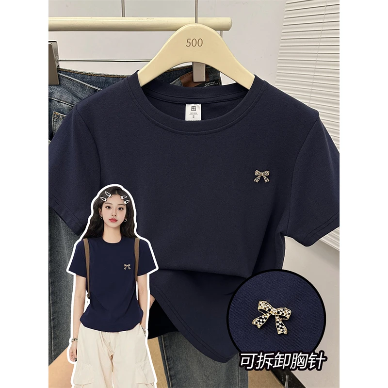 可拆卸胸针正肩短袖t恤女装时尚气质蝴蝶结设计感显瘦高弹力上衣