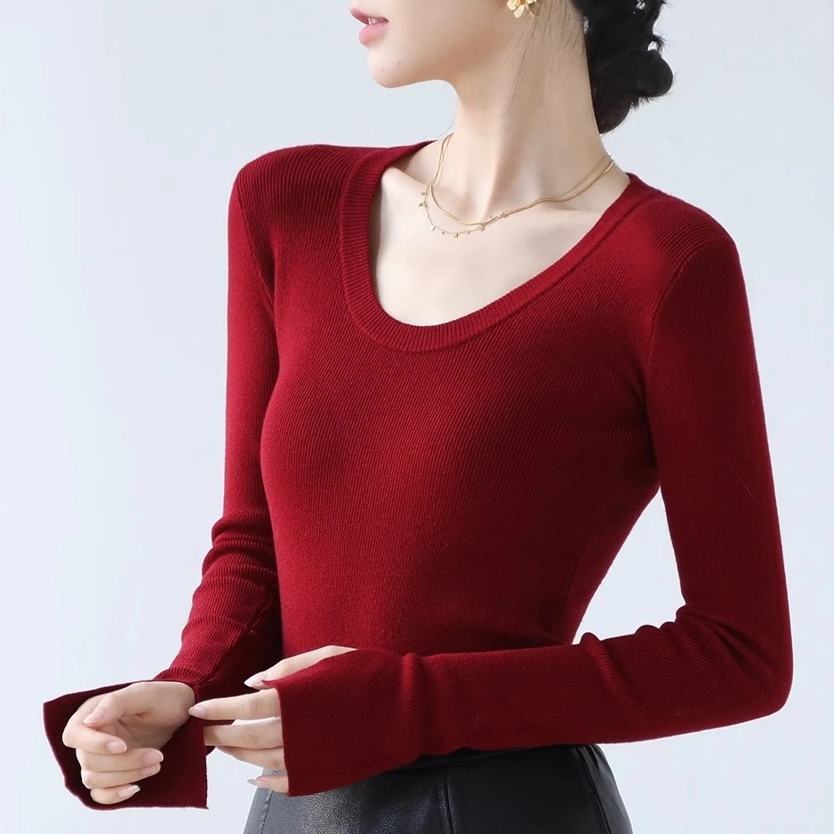 时髦过年红色外穿U领针织衫套头打底毛衣女秋冬洋气内搭修身上衣