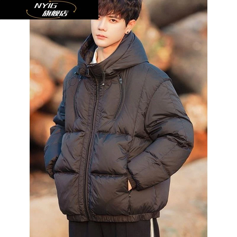 NYIG羽绒服男士冬季轻薄2025年青少年潮牌短款连帽帅气款鸭绒外套