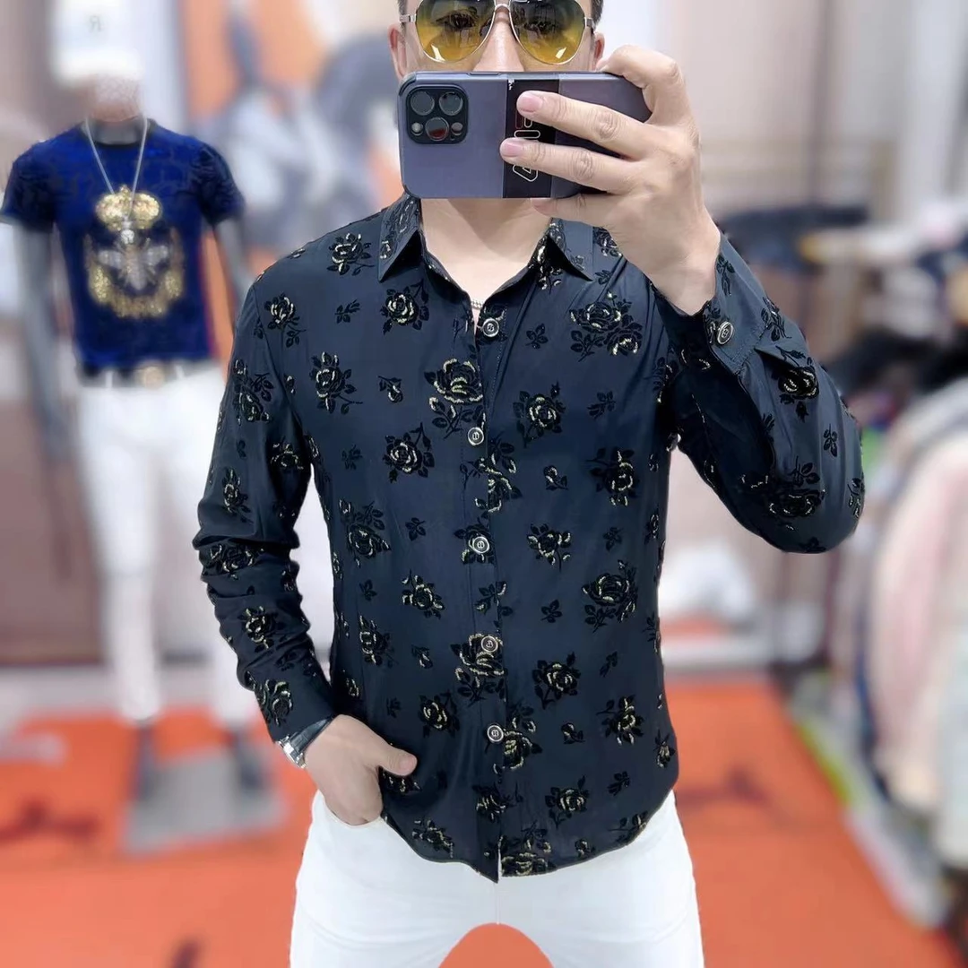 力龍潮牌男士春夏新款欧货时尚潮流玫瑰提花修身弹力薄款衬衫