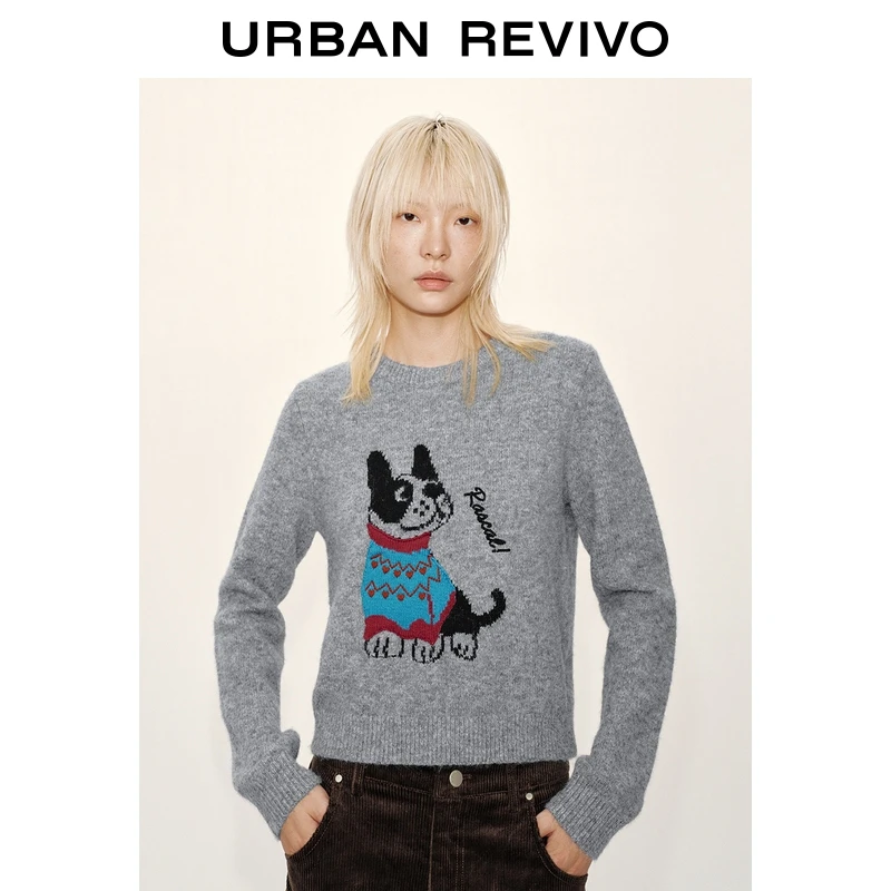 UR2026春季新款女休闲撞色萌宠小狗提花短款针织衫UYL950284