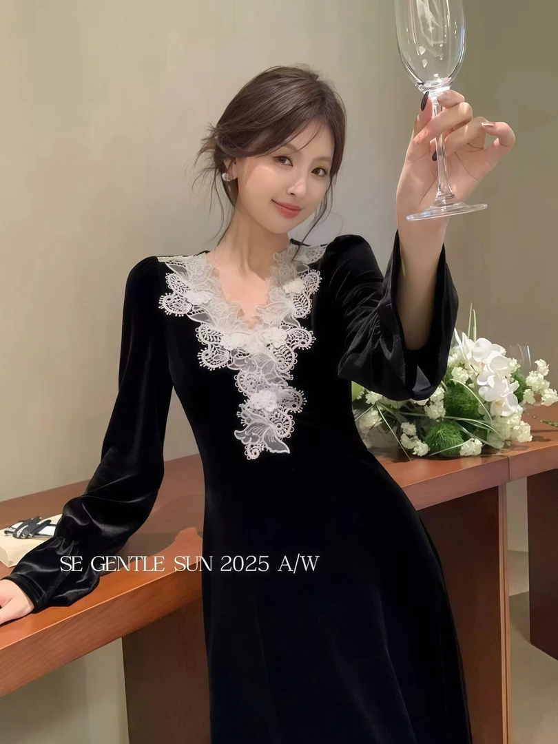 （莉莉家）大码女装法式A字裙中腰荷叶袖连衣裙显瘦复古轻奢黑色