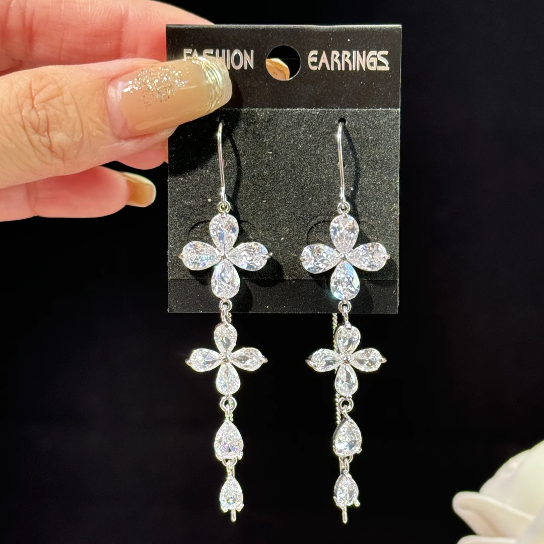 铜合金锆石耳饰 淑心】超闪锆石花朵长款流苏耳环气质轻奢时尚耳线