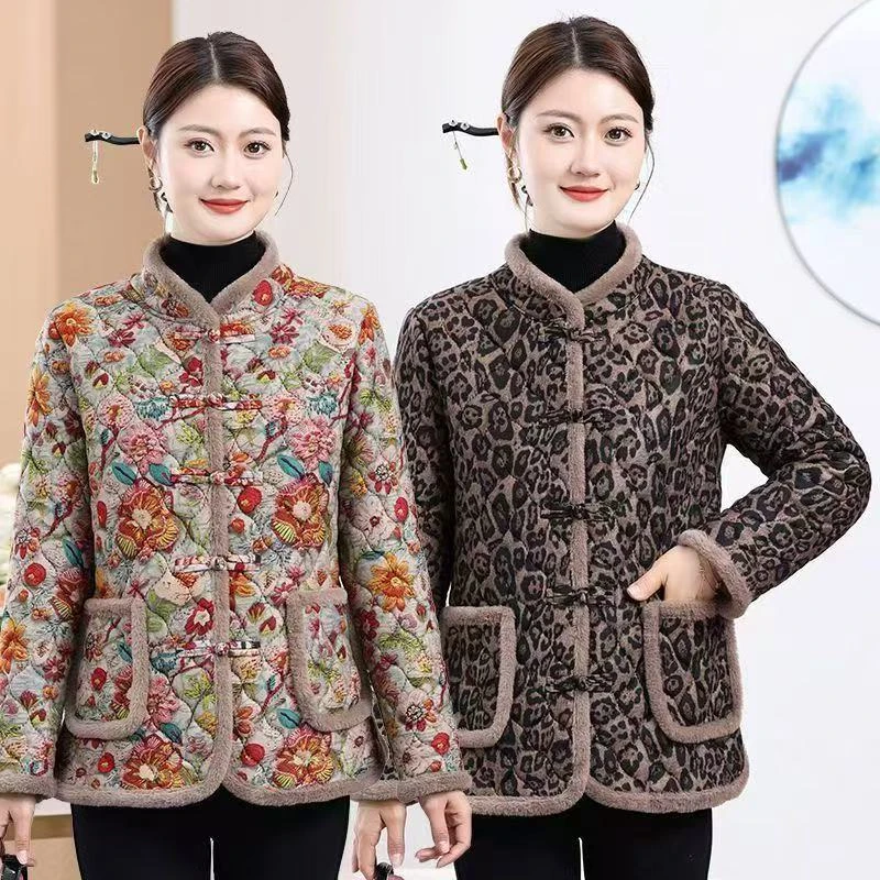 5656新款冬季妈妈棉衣碎花保暖加绒时尚加厚盘扣棉袄外套D