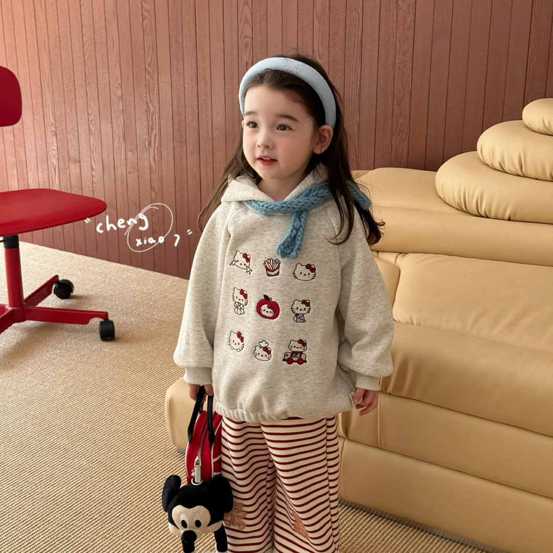 条纹女冬季连帽套头宝宝女宝卫衣A类卡通风小童