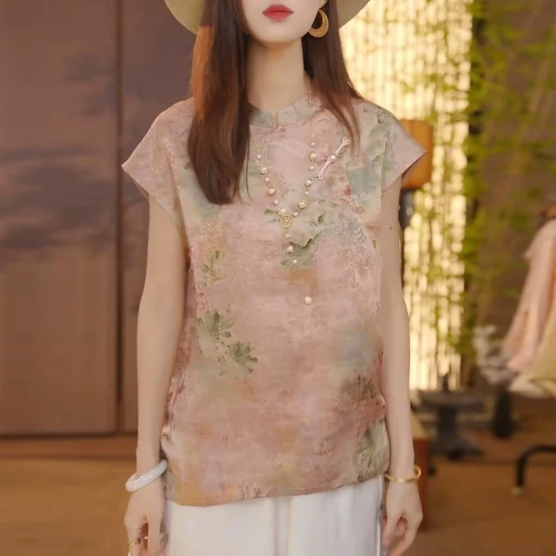 夏装印花女装衬衫上衣新中式国风高档夏季妈妈夏季衬衫短袖薄款