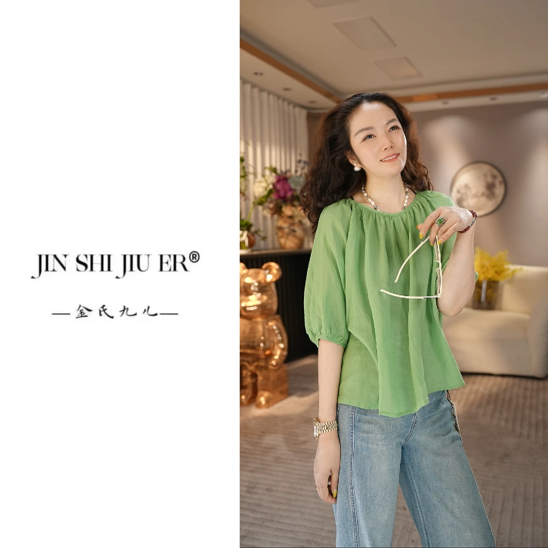 JIUER[晴朗]苎麻泡泡袖花瓣领短袖 时尚小众宽松圆领设计感25035