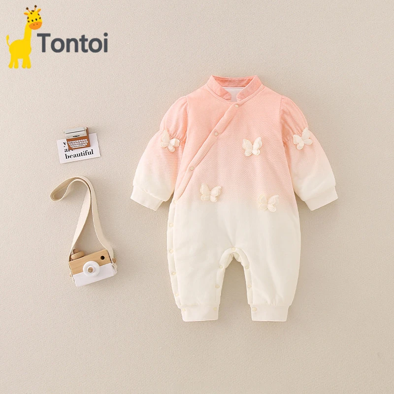 童泰【断码】新款120克夹棉婴童连体衣蝴蝶结爬服新生儿爬服渐变婴
