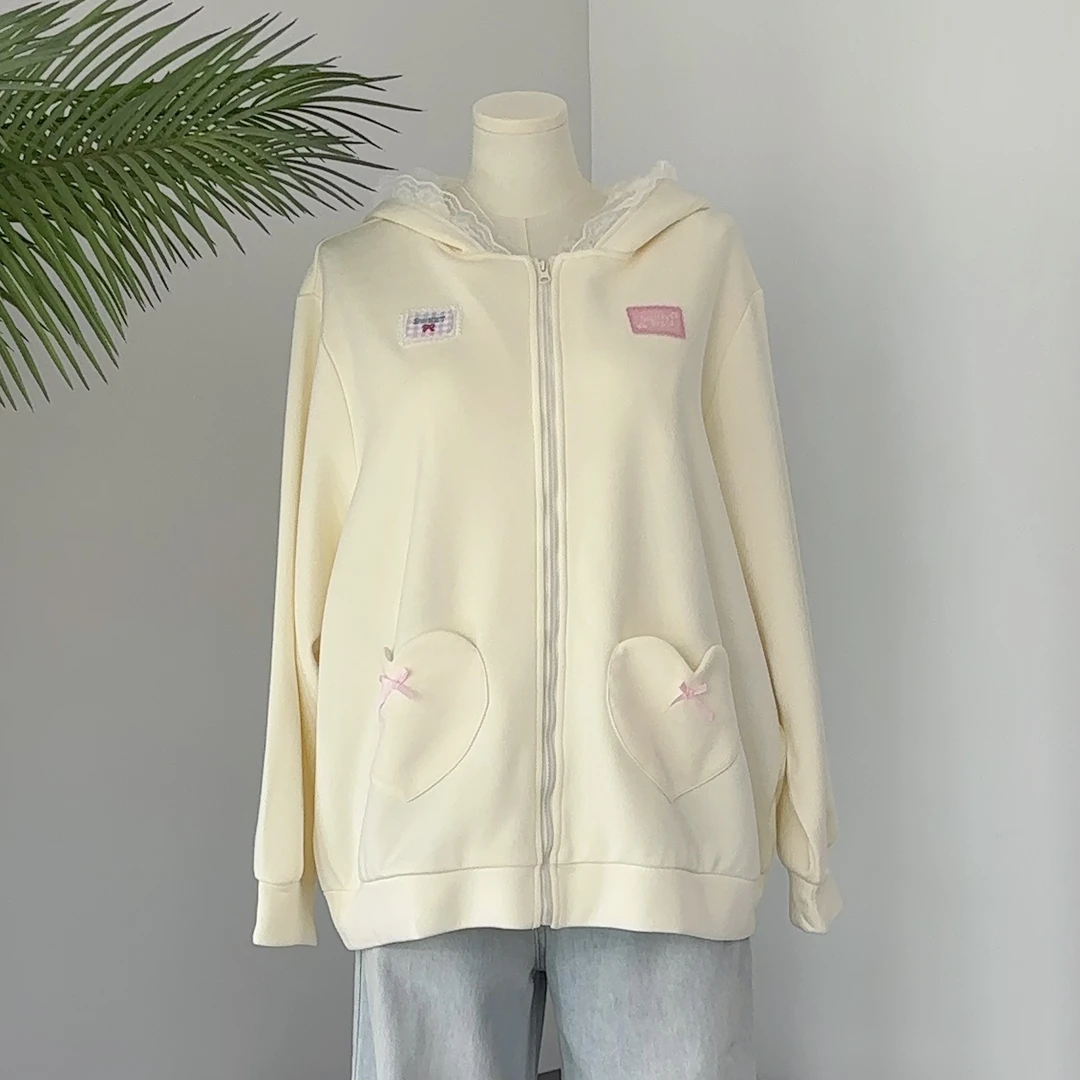 蕾丝兔耳｜大码胖mm减龄蝴蝶结刺绣连帽宽松外套帽衫兔耳朵超可爱