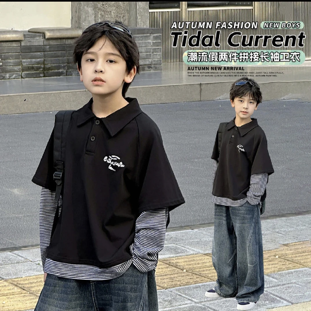 2025年秋季新款中大童男童韩版拼接假两件POLO衫