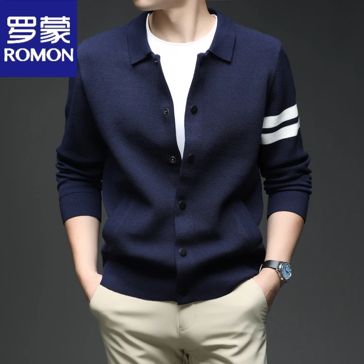 罗蒙翻领条纹针织开衫男2025秋季爆款商务休闲时尚毛衣外套男装潮