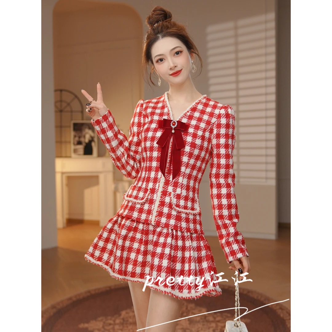 Pretty小众设计师品牌江江定制 千鸟格蝴蝶结格纹连衣裙21509