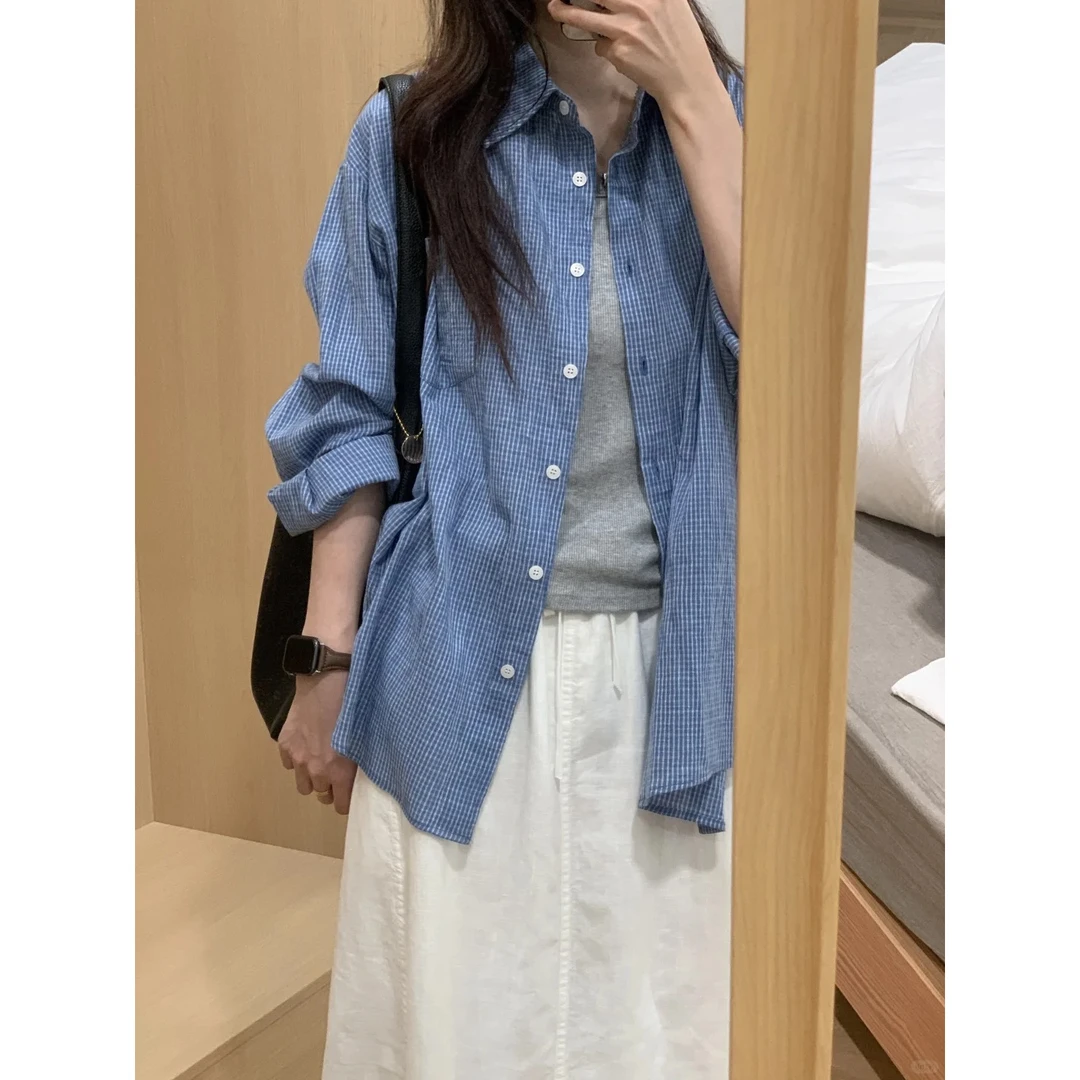 松弛感蓝色格子防晒衬衫女2025早秋新款宽松慵懒休闲衬衣百搭外套