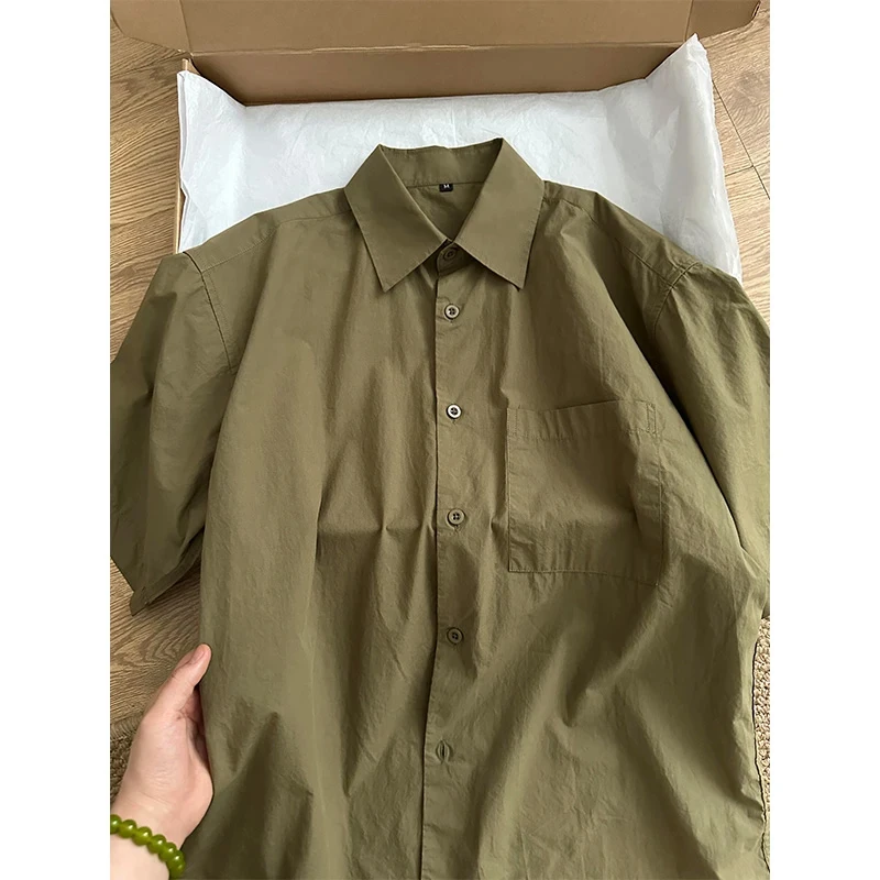 日系vintage纯棉短袖衬衫男款夏季复古开衫半袖衬衣翻领工装外套