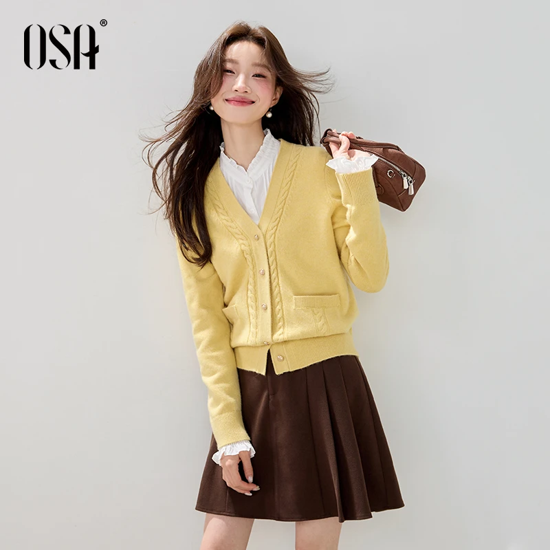 OSA/欧莎 复古扭花V领针织衫女新高知通勤毛衣开衫上衣S125C16032