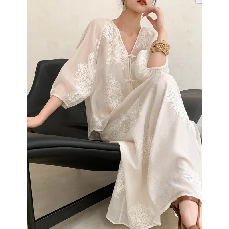 JWUNIQUE米白色新中式两件套装女春夏风上衣印花半身裙阔腿短裤