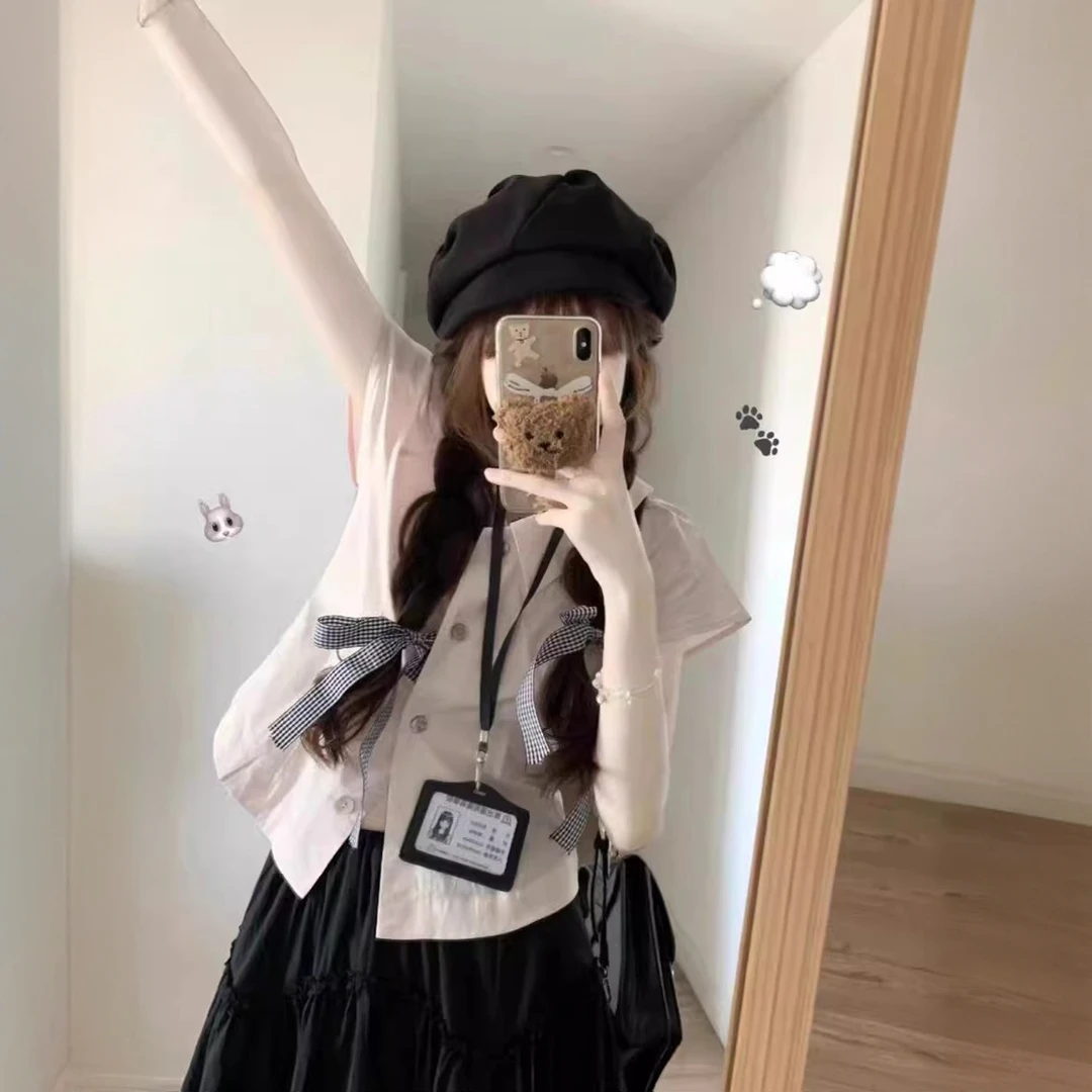 粉色学院风短袖衬衫女夏季新款独特漂亮小衫法式上衣短款衬衣套装