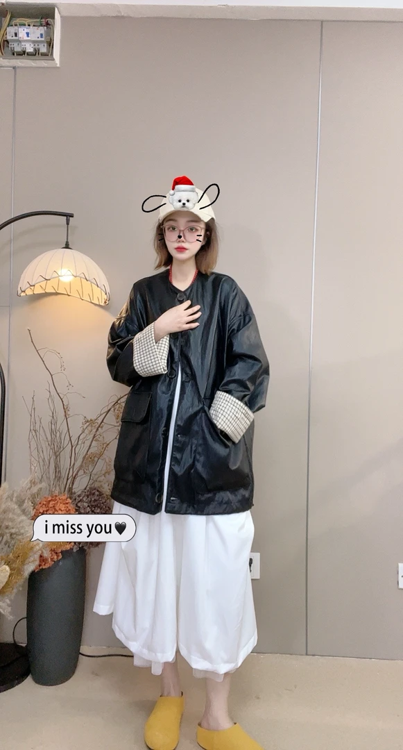 YRZ2201春装新款韩版一手长蛋白皮衣外套袖口拼格宽松休闲