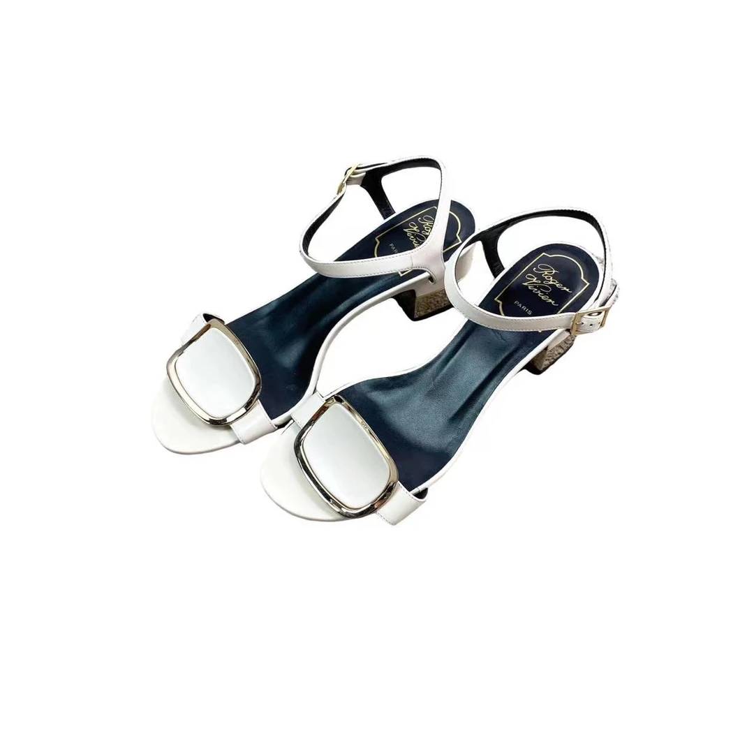 95新 Roger Vivier/罗杰·维威耶 yd0003 白色方扣凉鞋 36码