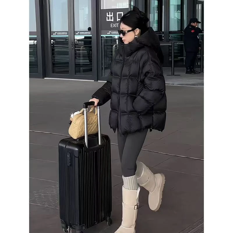 Y88区A02黑色简约宽松连帽长袖加厚宽松型短款百搭棉服