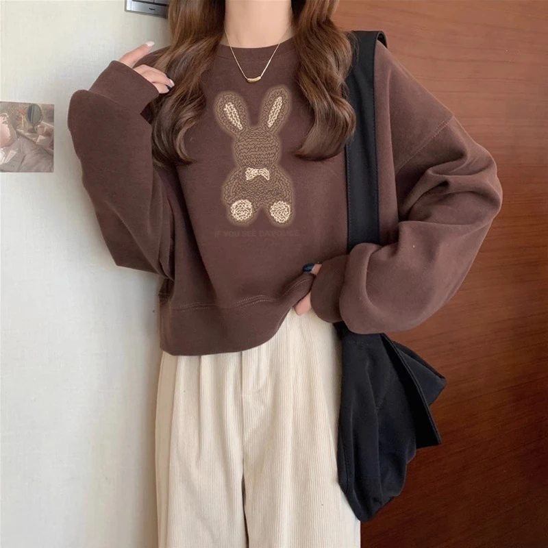圆领套头短款卫衣女加绒加厚秋冬长袖上衣高腰显瘦小个子春秋薄款
