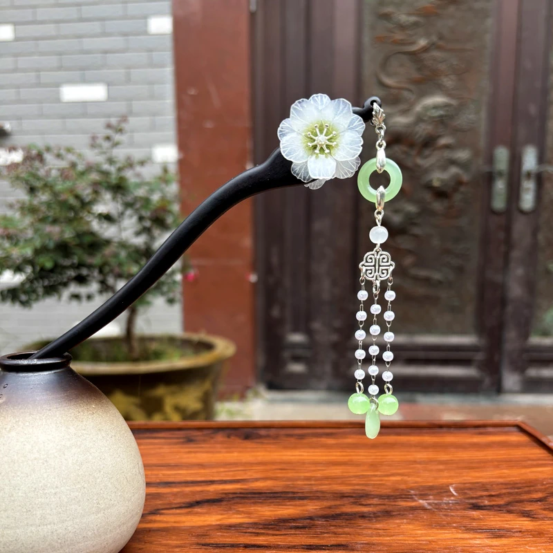 天然黑檀木发簪18cm双面【芙蓉】温柔流苏步摇日常新中式清新发簪