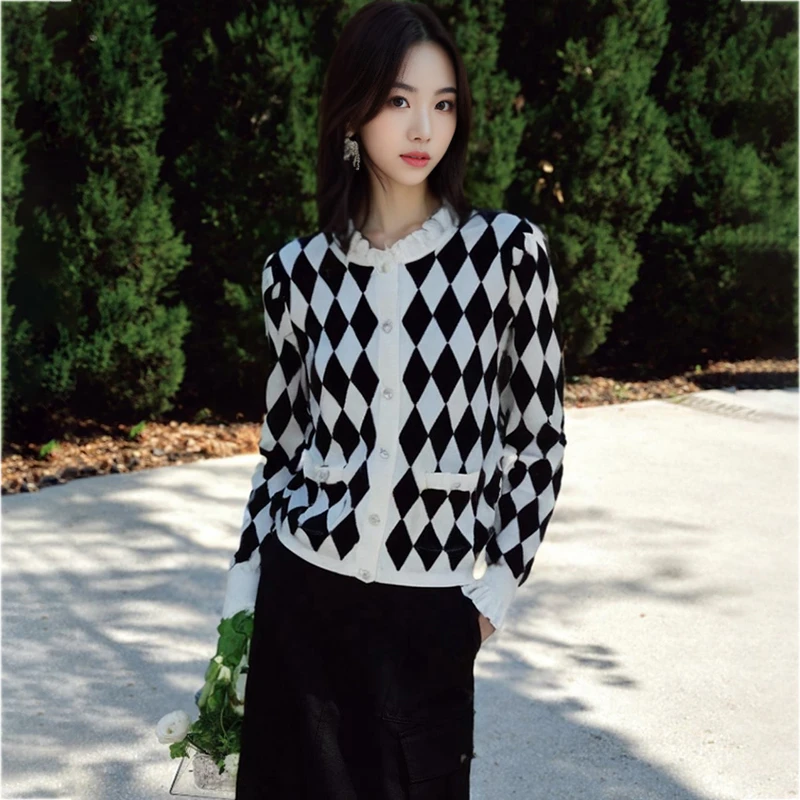 37883【依系列】菱格花边针织开衫3J127767D