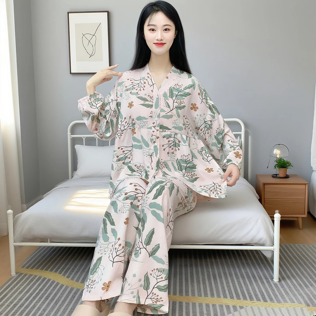 云朵棉女士睡衣长袖宽松大码不带胸垫可外出圆领家居服套装Y172