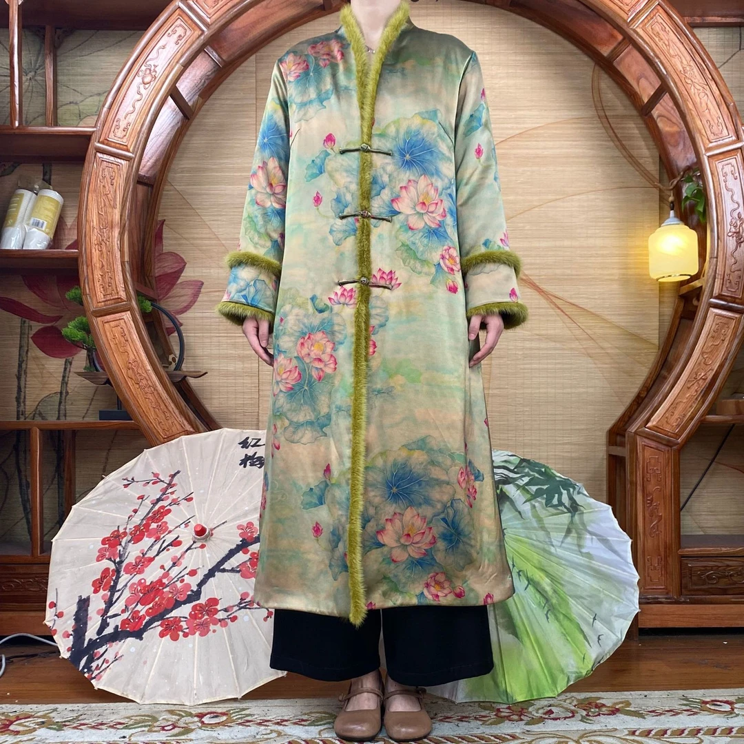 60姆米重缎香槟荷花100桑蚕丝香云纱棉衣直开襟中式国风