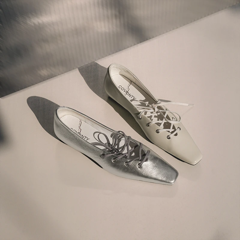 COVONTY「original」通儒硕学 优雅银色单鞋绑带小众玛丽珍芭蕾鞋
