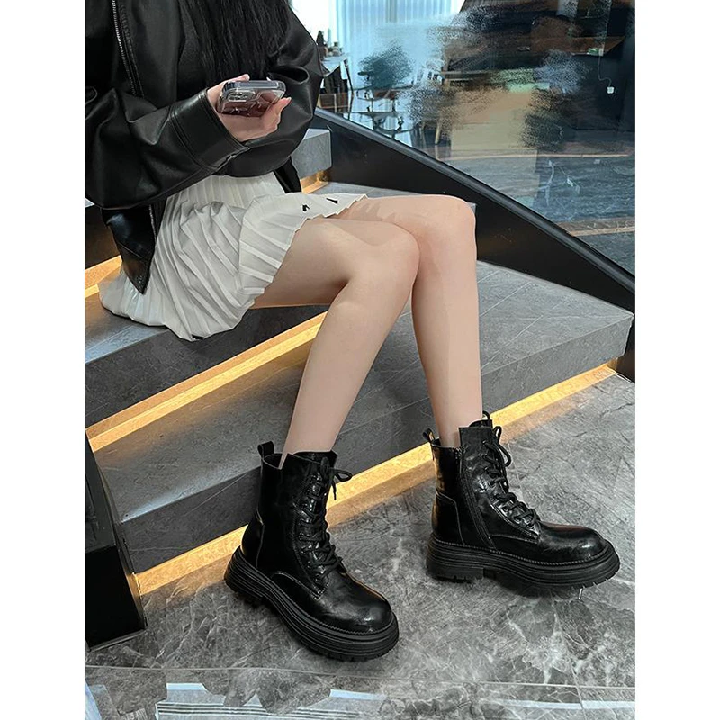 羊皮~复古厚底马丁靴女系带2025年秋冬侧拉链厚底英伦风机车短靴