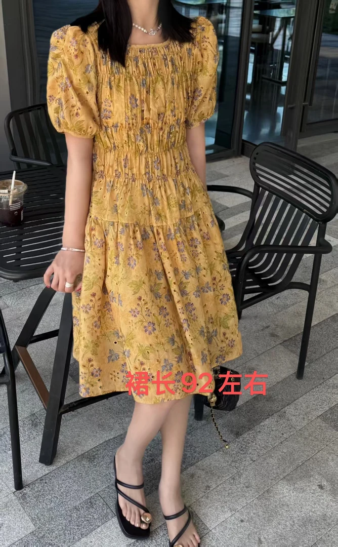 【美美M】韩外2590新款夏季显瘦碎花镂空中长款连衣裙