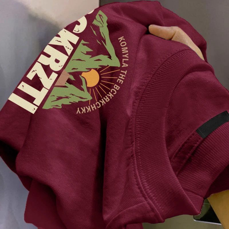 春夏季美式宽松复古潮流趣味印花酒红色圆领短袖t恤男女薄款半袖