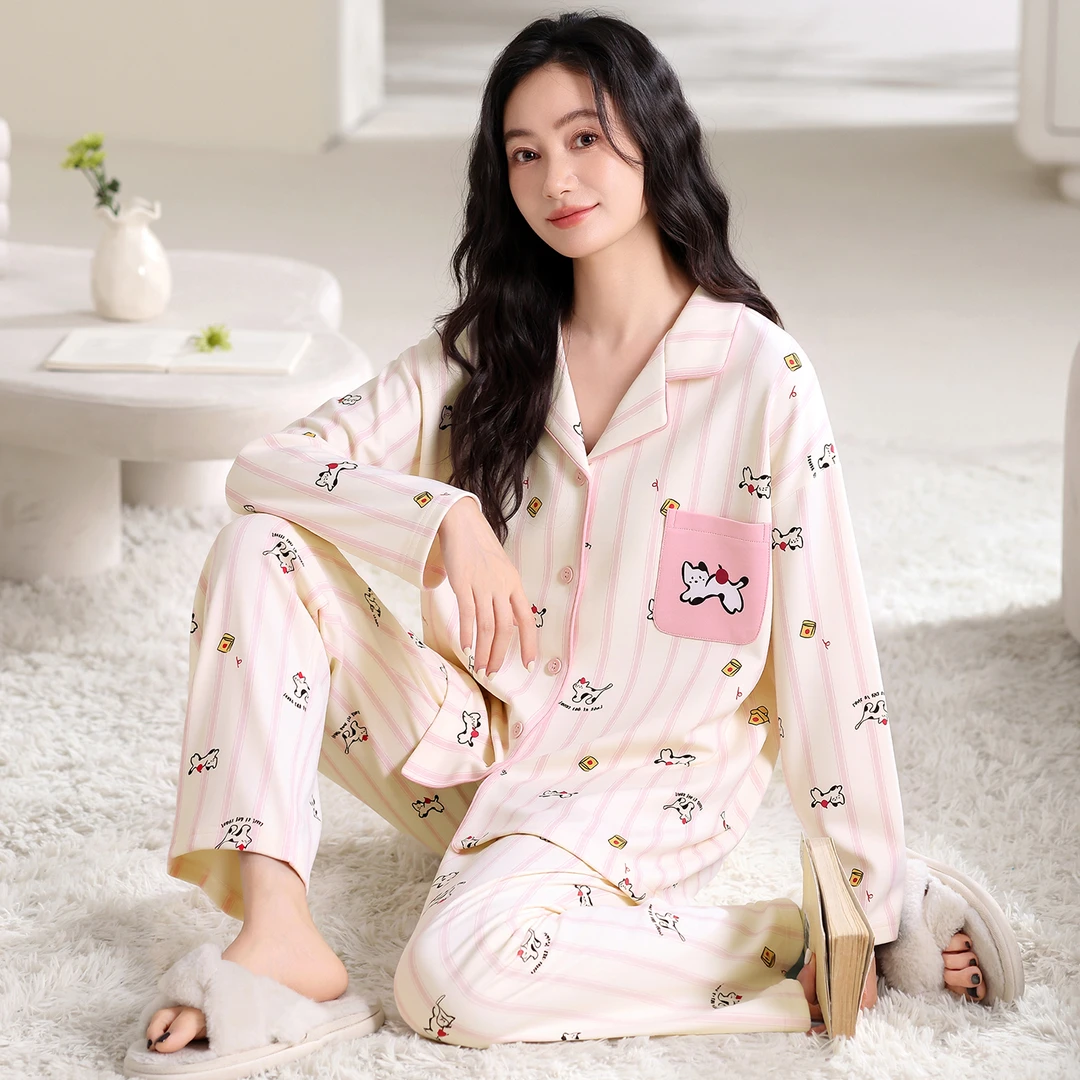 【条纹小猫】设计师款女士纯棉条纹开衫长袖长裤睡衣套装家居服外穿