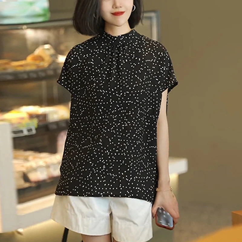 洋气减龄波点衬衫女夏季薄款上衣韩版宽松复古休闲圆领短袖衬衣潮
