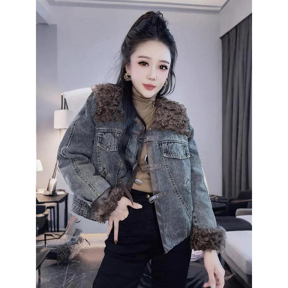 【万达撤柜】港风加厚保暖加棉牛仔外套女2025秋冬新款短款棉衣拼派