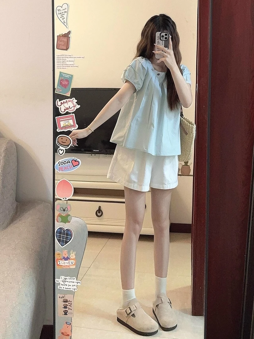 夏季设计感甜美泡泡袖少女休闲百搭套装圆领上衣搭配短裤两件套