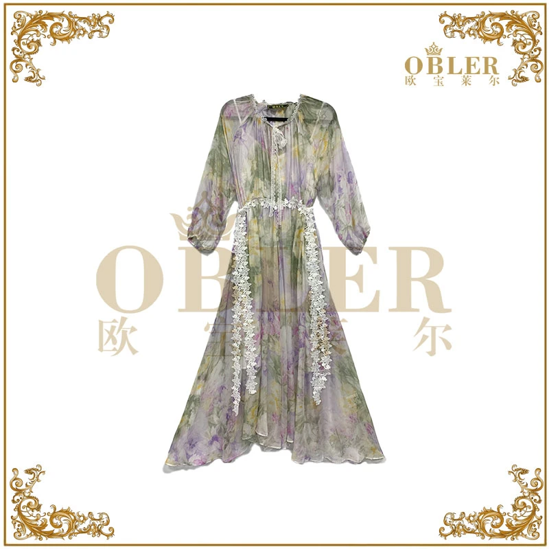 【欧宝莱尔】 欧宝莱尔新款气质盛夏碎花真丝连衣裙22-151杏色