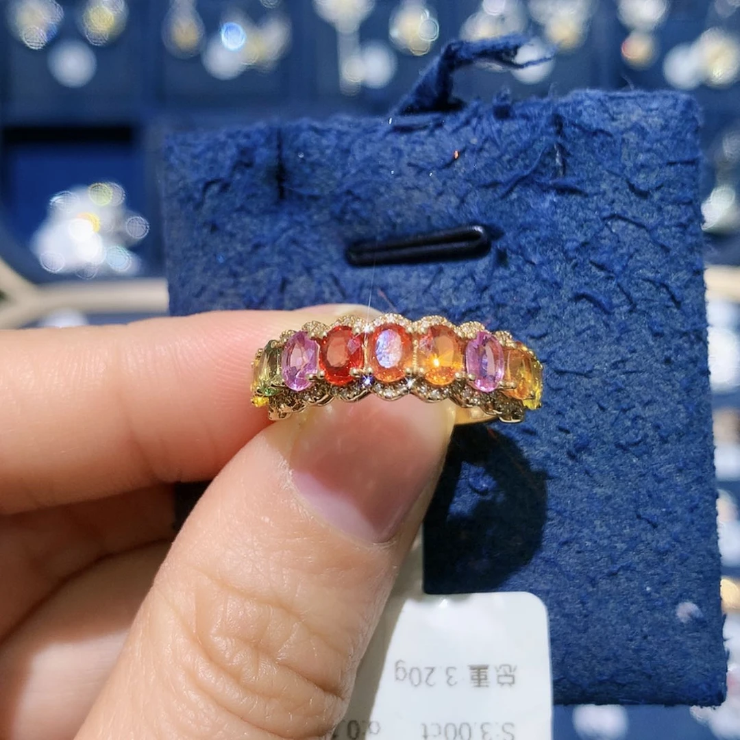 【闪购商品】彩色蓝宝石戒指18K金镶嵌彩虹戒指