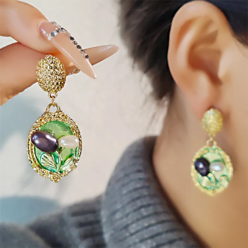 铜合金耳饰 【8199】法式复古巴洛克油画框花朵耳环时尚轻奢耳饰女