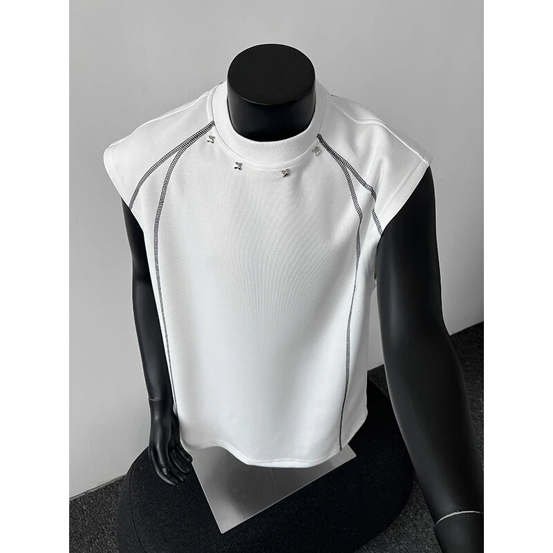 美式高街辑明线无袖T恤男士夏季潮牌肌理感宽松透气百搭休闲背心